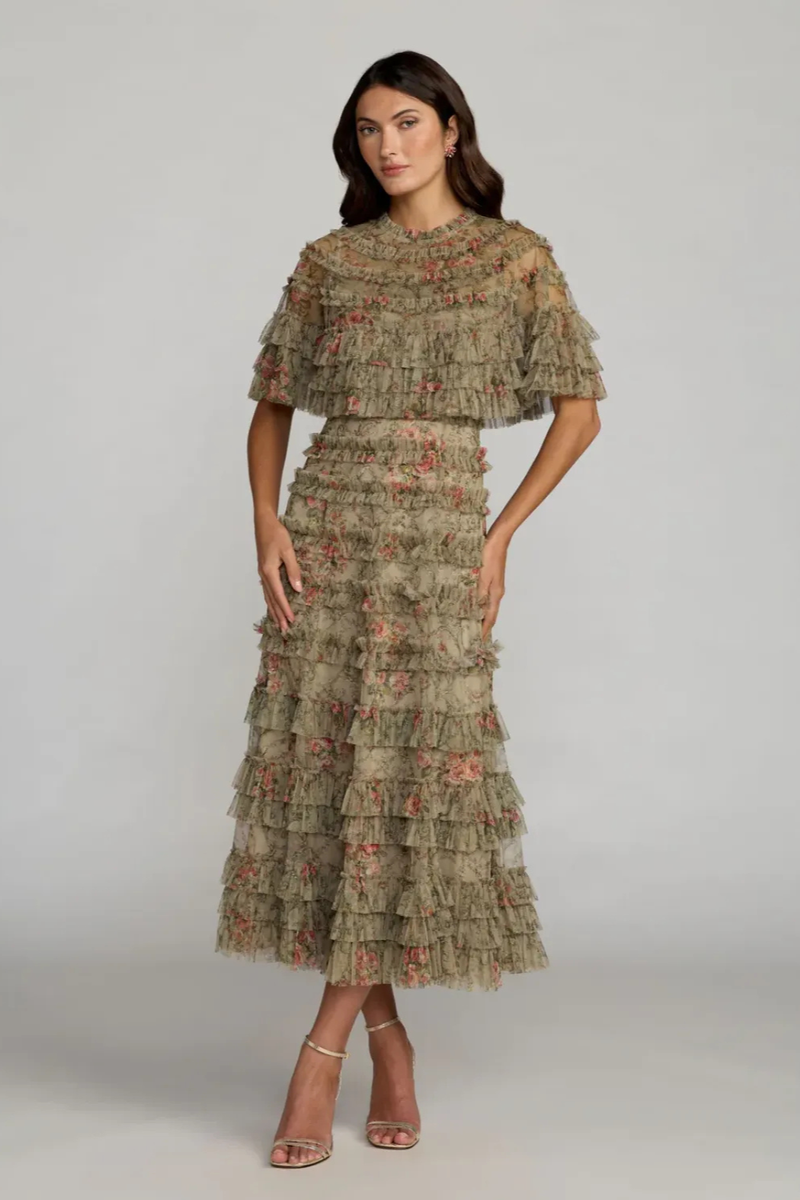 Green Floral Ruffle Midi Dress With Cape by Mac Duggal in olive color for women in Singapore