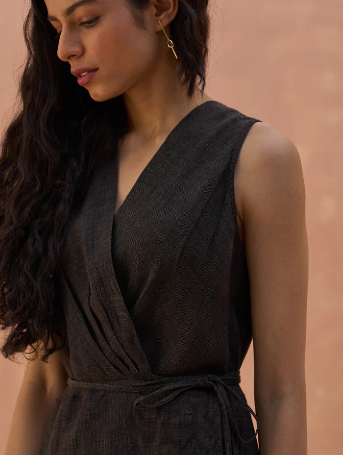 Maya Linen Wrap Dress - Charcoal linen by Manan in charcoal color for women in Singapore