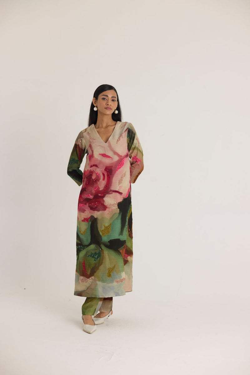 TILLY EMROIDERED LONG V NECK KURTA SET mul by Yam in multi color for women in Singapore