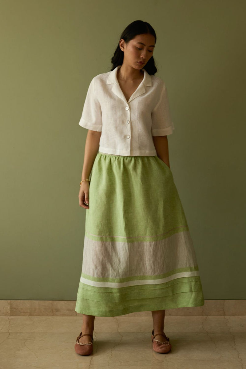 Ora Pleated Border Linen Skirt-Meadow linen by Manan in green color for women in Singapore