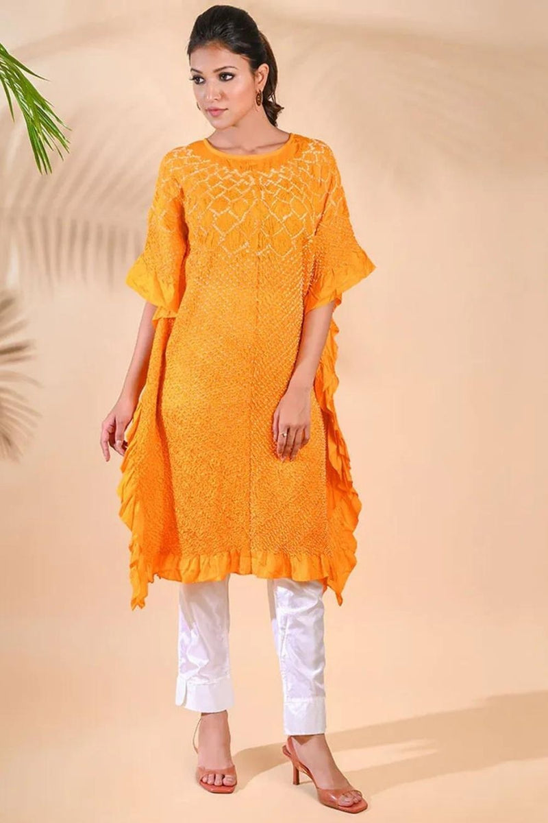 SUNFLOWER KAFTAN-MUSTARD YELLOW silk by Dyelogue in yellow color for women in Singapore