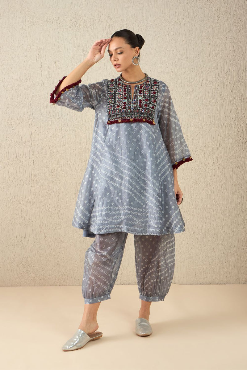 AFGHANI BANDHANI SET - Light Grey silk by Aavidi in yellow color for women in Singapore