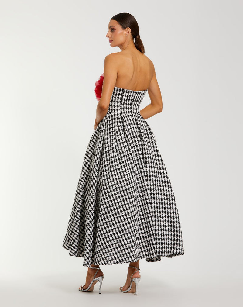 37068-Black and White Strapless Boucle A Line Midi Dress With 3D Flower by Mac Duggal in black color for women in Singapore