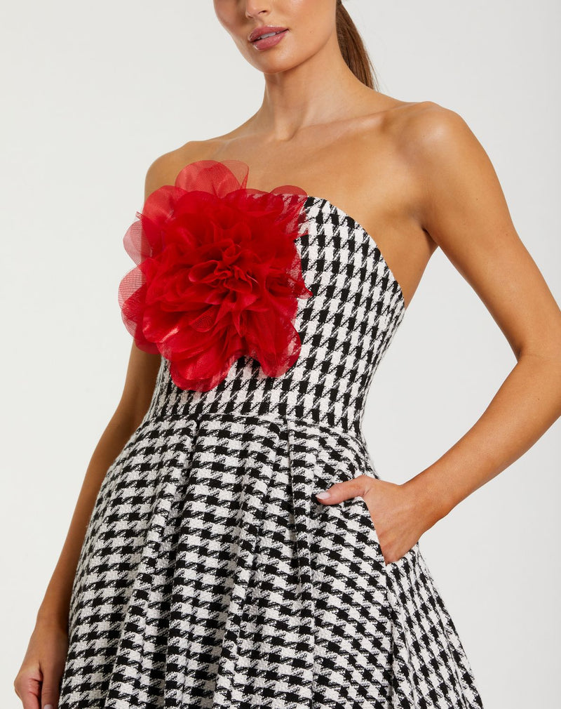 37068-Black and White Strapless Boucle A Line Midi Dress With 3D Flower by Mac Duggal in black color for women in Singapore
