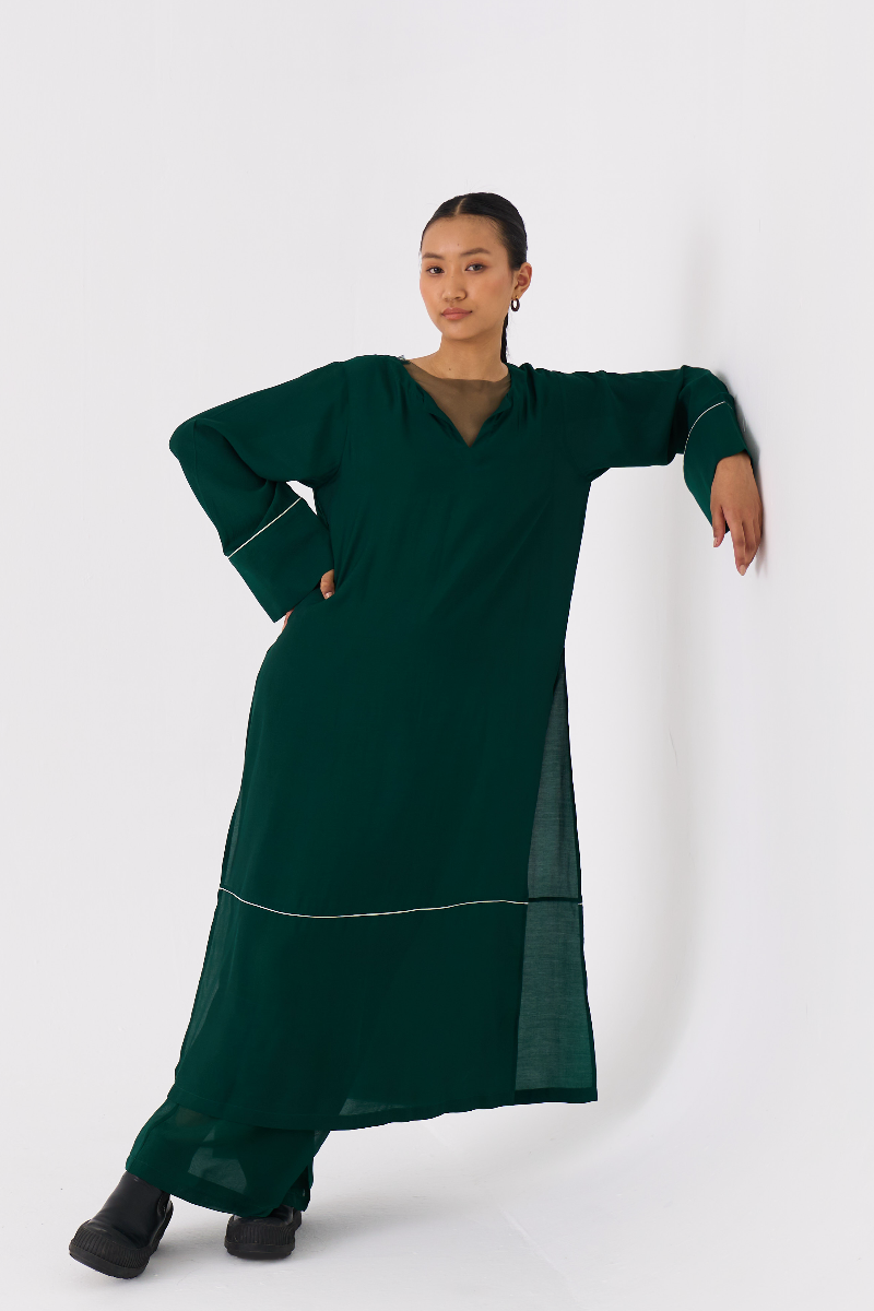 V-NECK KAFTAN- DARK GREEN bemberg by THREE in green color for women in Singapore