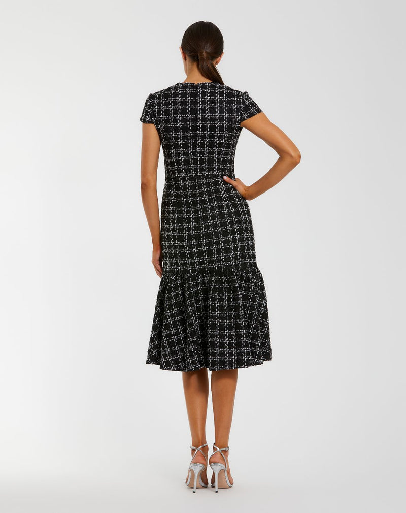 37071-Black Cap Sleeve Boucle A Line Midi Dress by Mac Duggal in silver color for women in Singapore
