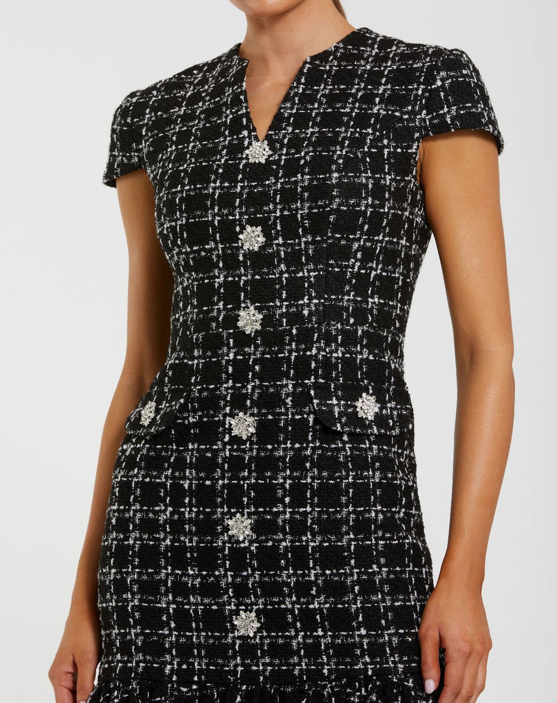 37071-Black Cap Sleeve Boucle A Line Midi Dress by Mac Duggal in silver color for women in Singapore