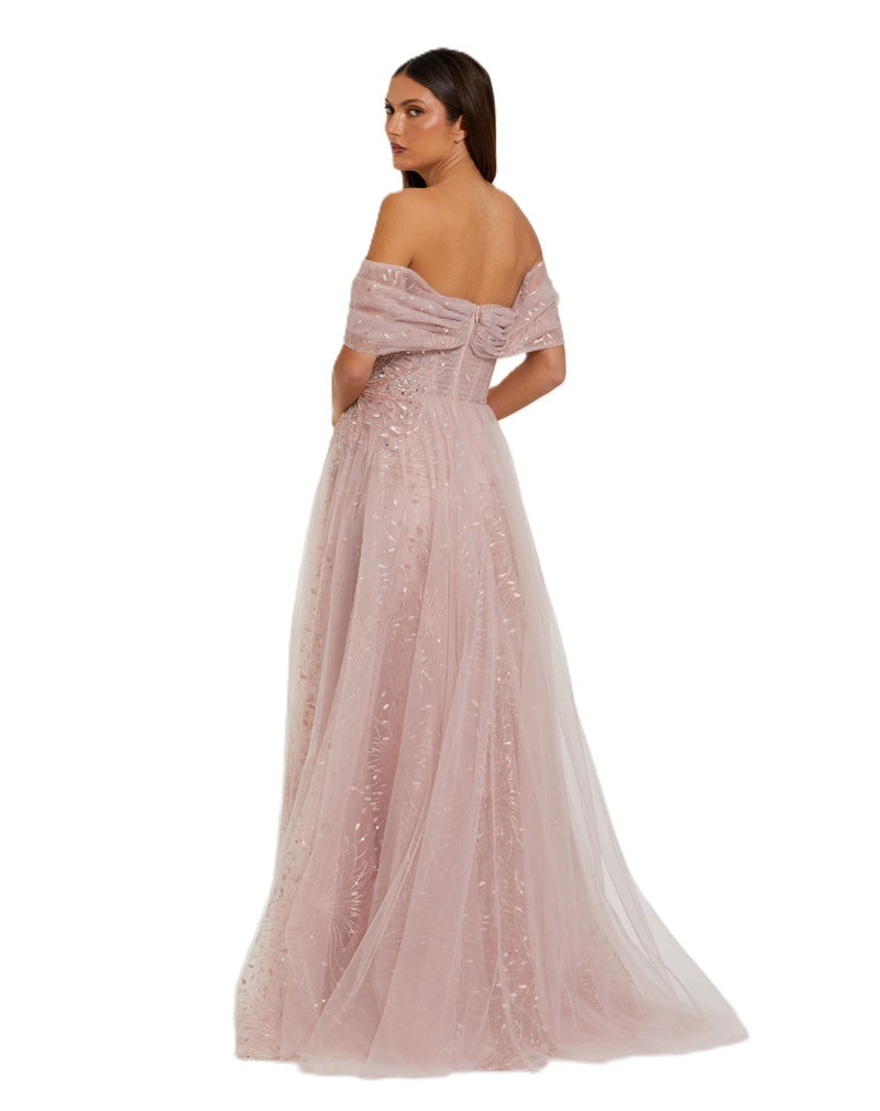 37083 - Pink Embroidered Tulle Off The Shoulder Ball Gown polyester evening gowns by Mac Duggal in pink for women in Singapore
