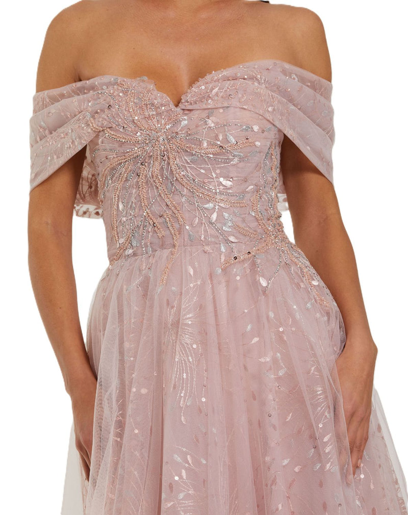 37083 - Pink Embroidered Tulle Off The Shoulder Ball Gown polyester evening gowns by Mac Duggal in pink for women in Singapore