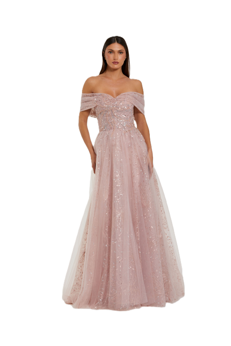 37083 - Pink Embroidered Tulle Off The Shoulder Ball Gown polyester evening gowns by Mac Duggal in pink for women in Singapore