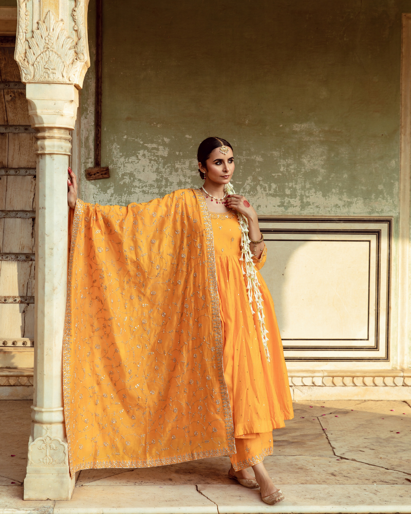 Yellow Zardozi & Gota Patti Kalidar Set silk Buy Yellow Zardozi & Gota Patti Kalidar Set from C&W | Kurta/Kurta Sets for Women by Maison Shefali in yellow color for women in Singapore