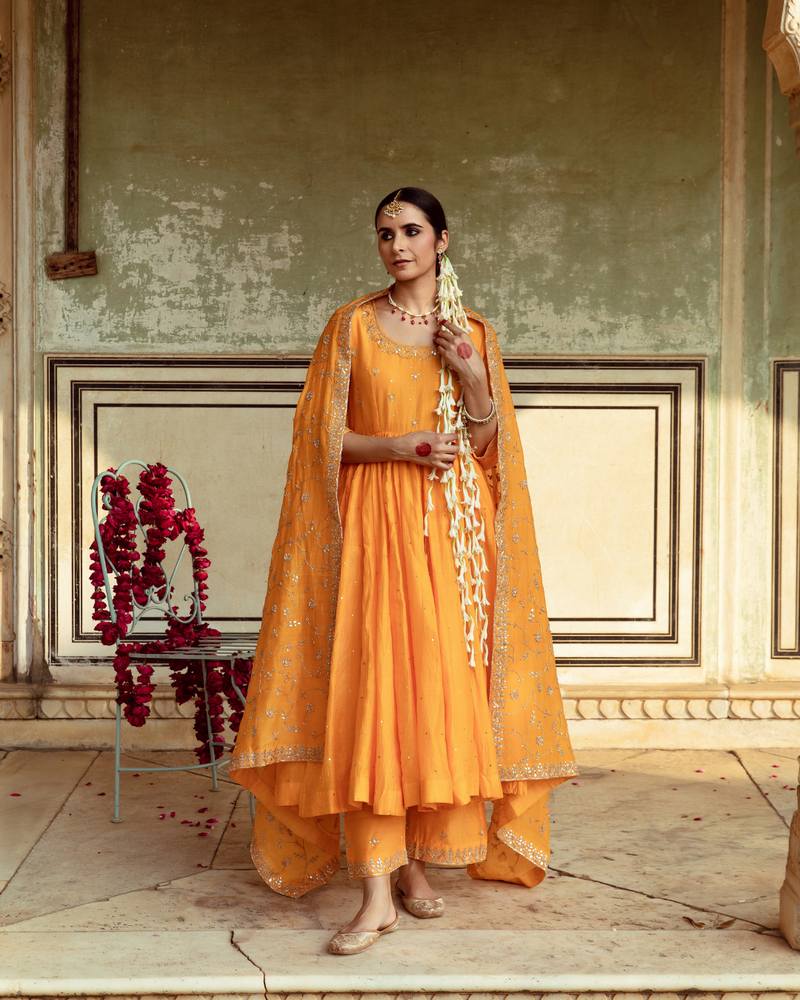 Yellow Zardozi & Gota Patti Kalidar Set silk Buy Yellow Zardozi & Gota Patti Kalidar Set from C&W | Kurta/Kurta Sets for Women by Maison Shefali in yellow color for women in Singapore