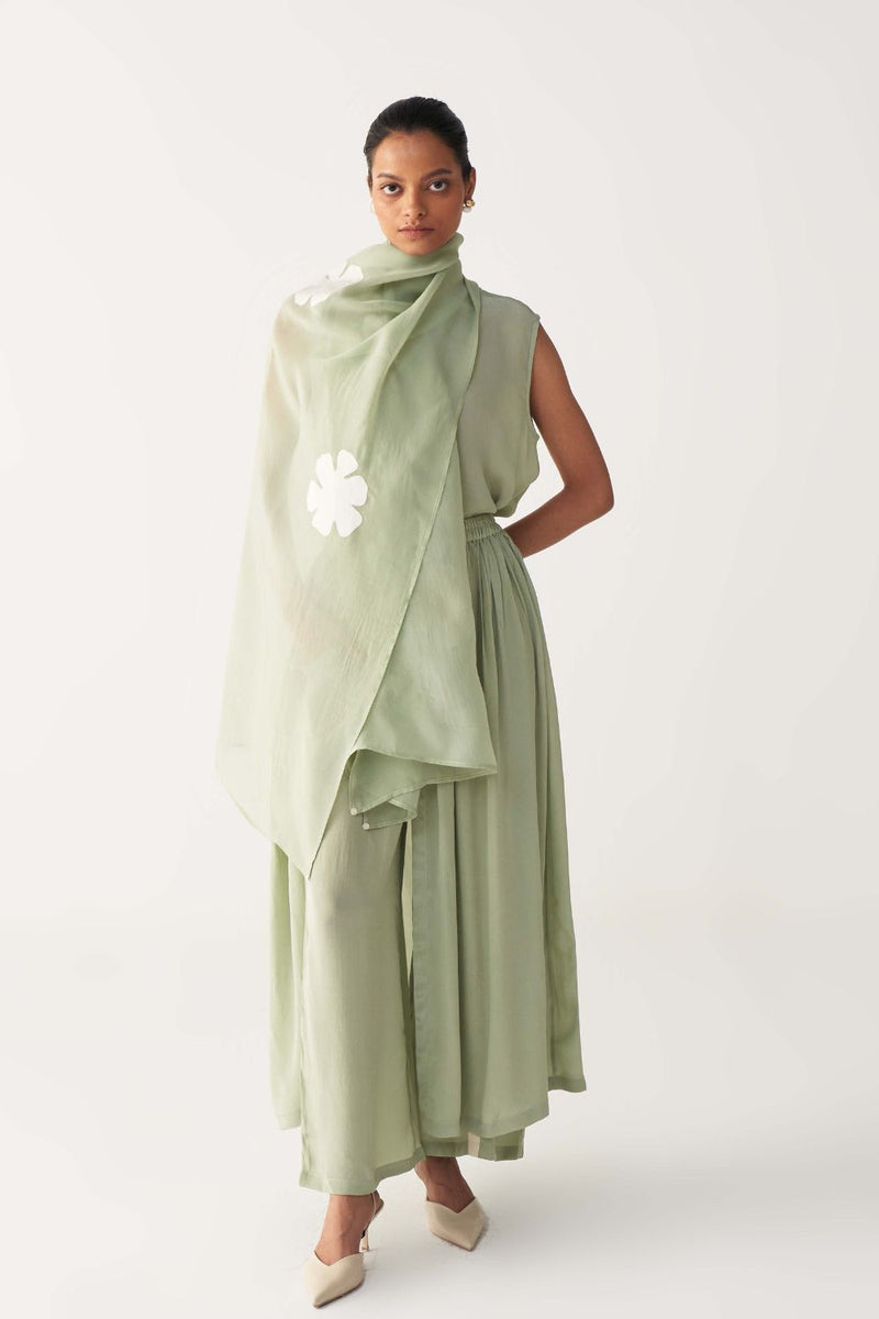 FLORAL APPLIQUE SCARF-MINT organza by THREE in mint color for women in Singapore