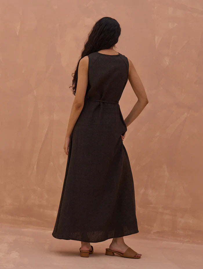 Maya Linen Wrap Dress - Charcoal linen by Manan in charcoal color for women in Singapore