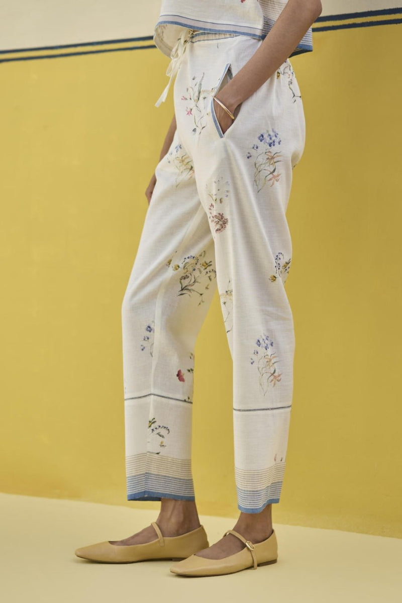 Ema Watercolour Floral Linen Pant - Ivory linen by Manan in ivory color for women in Singapore