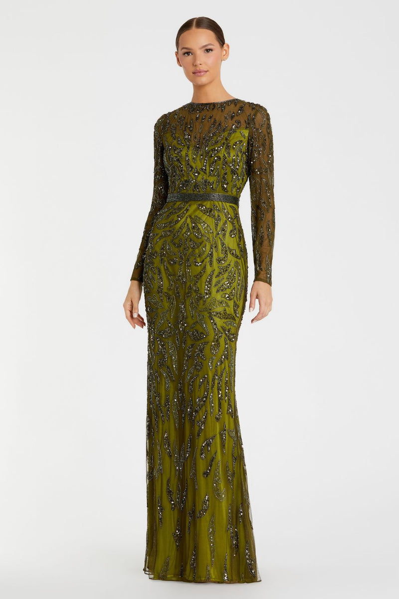 5124-Beaded Long Sleeve Evening Gown by Mac Duggal in olive color for women in Singapore