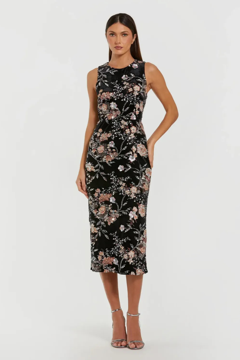 Black Velvet High Neck Sequined Midi Dress with Multicolor Embroidery mul by Mac Duggal in black color for women in Singapore