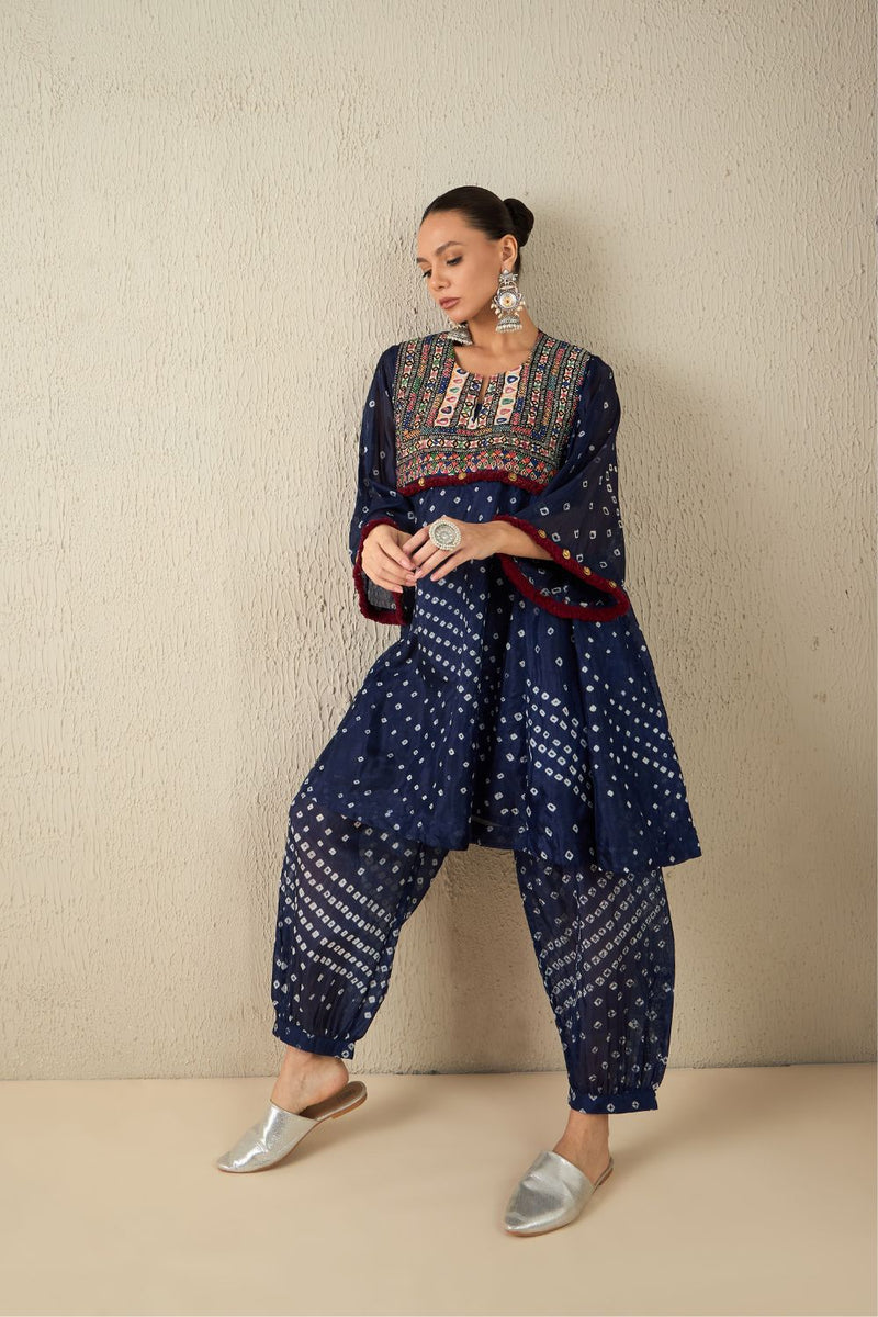 AFGHANI BANDHANI SET - Navy Blue silk by Aavidi in yellow color for women in Singapore