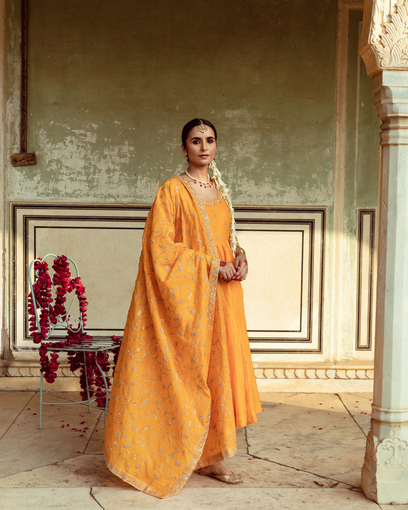 Yellow Zardozi & Gota Patti Kalidar Set silk Buy Yellow Zardozi & Gota Patti Kalidar Set from C&W | Kurta/Kurta Sets for Women by Maison Shefali in yellow color for women in Singapore