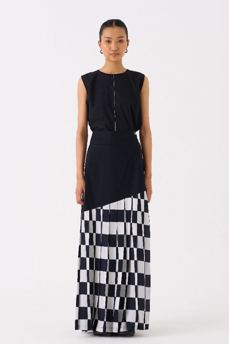 CHECKERED SKIRT-BLACK CHECK bemberg by THREE in black color for women in Singapore