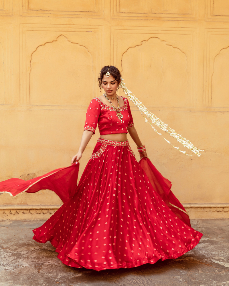 Red & White Bandhej Print Lehenga Set satin Buy Red & White Bandhej Print Lehenga Set from C&W | Lehenga Sets for Women by Maison Shefali in multi color for women in Singapore