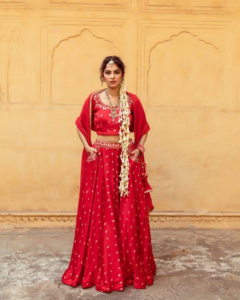 Red & White Bandhej Print Lehenga Set satin Buy Red & White Bandhej Print Lehenga Set from C&W | Lehenga Sets for Women by Maison Shefali in multi color for women in Singapore
