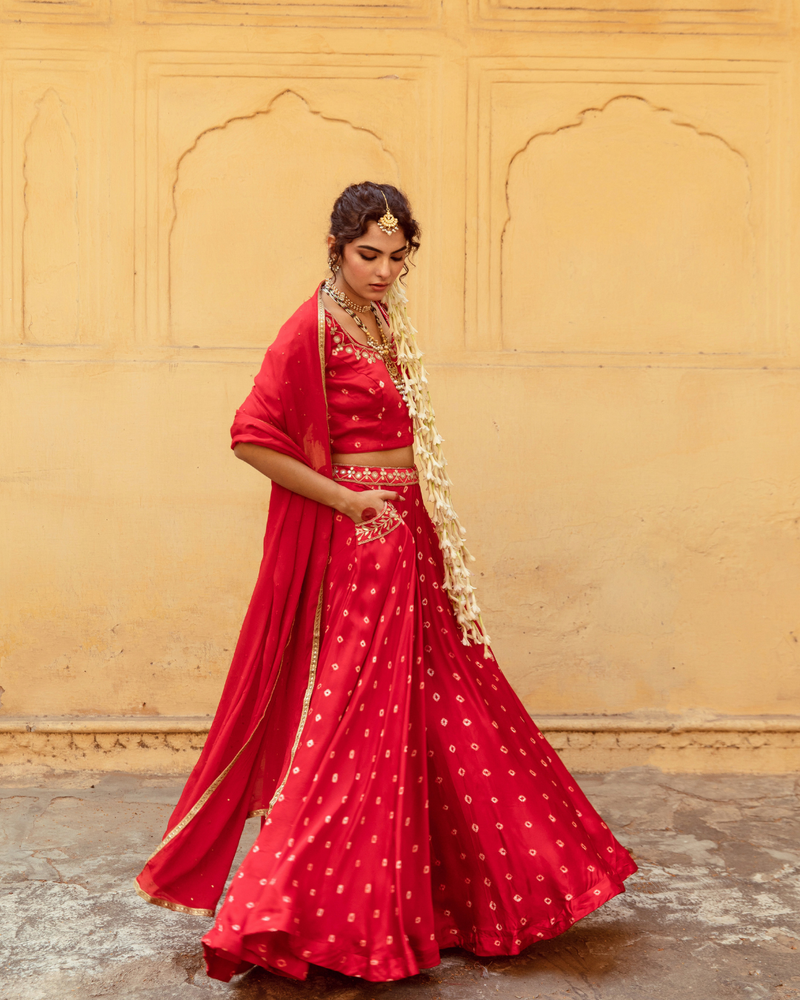 Red & White Bandhej Print Lehenga Set satin Buy Red & White Bandhej Print Lehenga Set from C&W | Lehenga Sets for Women by Maison Shefali in multi color for women in Singapore