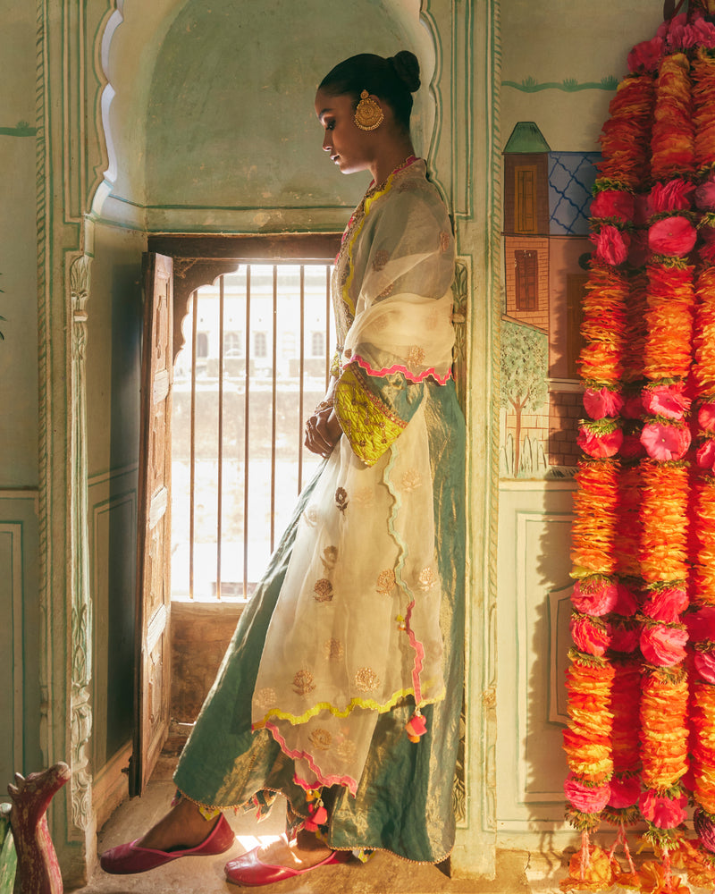 Khel Teal Tissue Yoke Kurta Set silk by Rajiramniq in multi color for women in Singapore