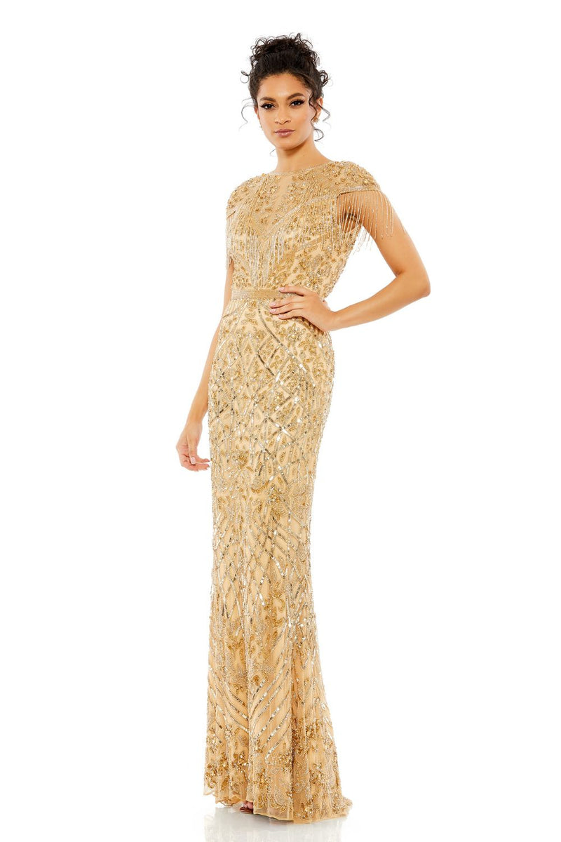 4715-Embellished Fringe Cap Sleeve Trumpet Gown by Mac Duggal in gold color for women in Singapore