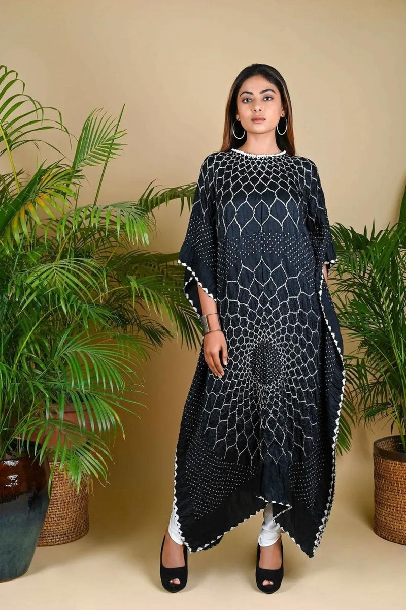 THREE FLOWERS KAFTAN-BLACK silk by Dyelogue in black color for women in Singapore