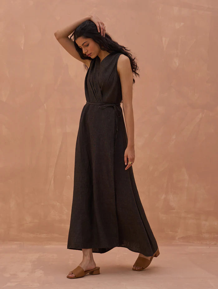 Maya Linen Wrap Dress - Charcoal linen by Manan in charcoal color for women in Singapore