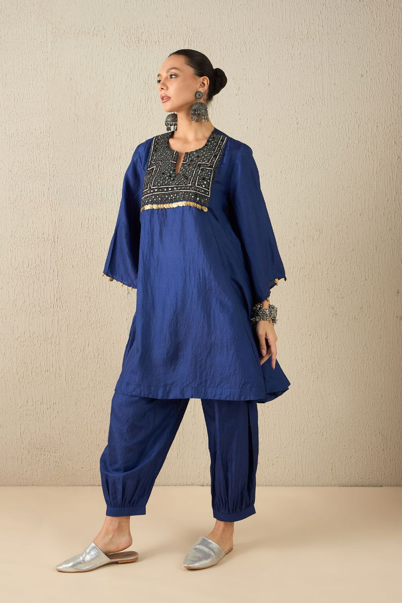 AFGHANI SILK SET - Navy Blue silk by Aavidi in yellow color for women in Singapore