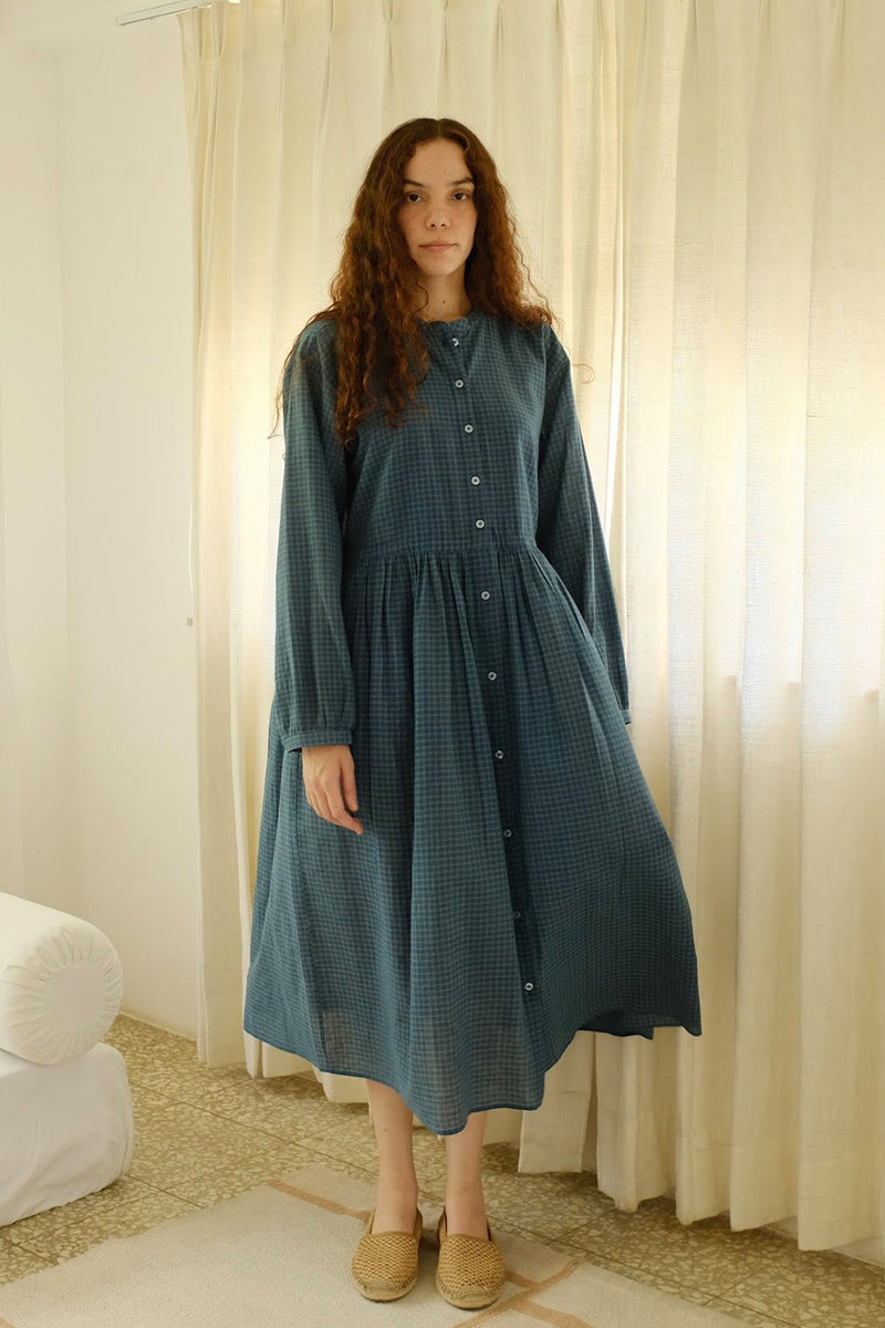 Cynthia-Washed Navy Dress handwoven cotton dress by MASON AND MILL in navy blue for women in Singapore