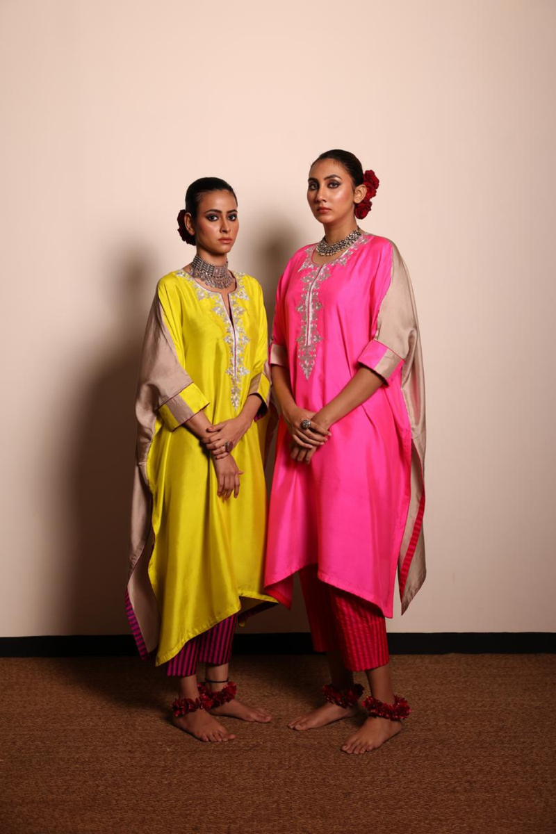 1⁄2 & 1⁄2 Silk Kurta & Striped Silk Pant-Champainge Beige