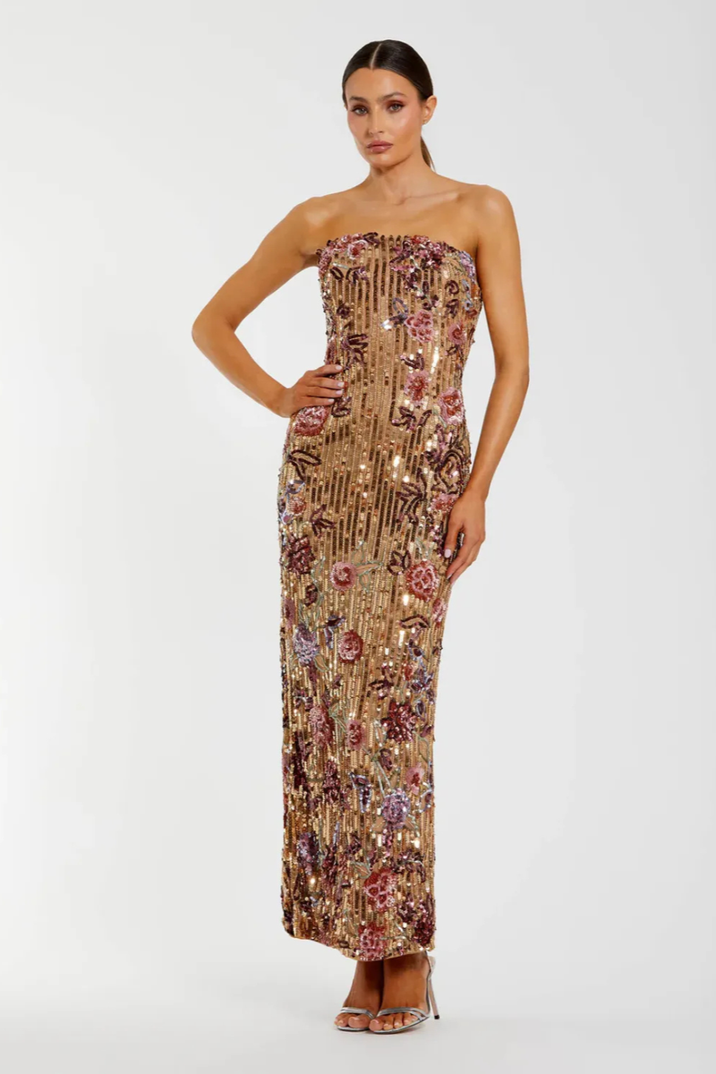 Gold Floral Embellished Strapless Column Dress mul by Mac Duggal in multi color for women in Singapore