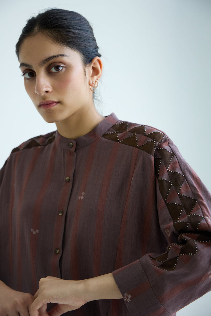Amer Brown Handwoven Embroidered Top handwoven jamdhani cotton top/shirt by The Summer House in brown for women in Singapore