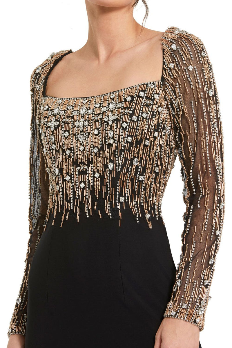 2256-Beaded Square Neck Long Sleeve Jersey Gown by Mac Duggal in black color for women in Singapore