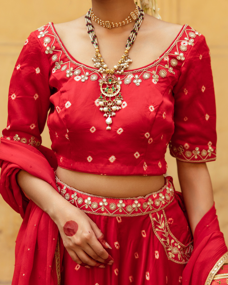 Red & White Bandhej Print Lehenga Set satin Buy Red & White Bandhej Print Lehenga Set from C&W | Lehenga Sets for Women by Maison Shefali in multi color for women in Singapore
