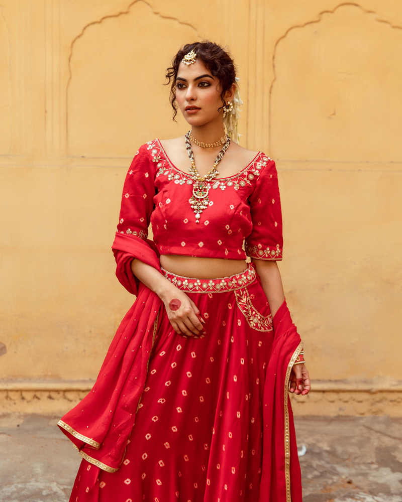 Red & White Bandhej Print Lehenga Set satin Buy Red & White Bandhej Print Lehenga Set from C&W | Lehenga Sets for Women by Maison Shefali in multi color for women in Singapore
