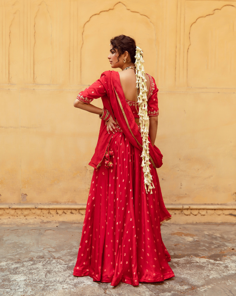 Red & White Bandhej Print Lehenga Set satin Buy Red & White Bandhej Print Lehenga Set from C&W | Lehenga Sets for Women by Maison Shefali in multi color for women in Singapore