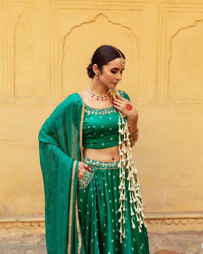 Green & White Bandhej Print Lehenga Set satin Buy Green & White Bandhej Print Lehenga Set from C&W | Lehenga Sets for Women by Maison Shefali in multi color for women in Singapore