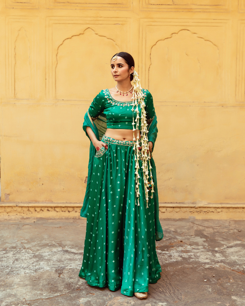 Green & White Bandhej Print Lehenga Set satin Buy Green & White Bandhej Print Lehenga Set from C&W | Lehenga Sets for Women by Maison Shefali in multi color for women in Singapore