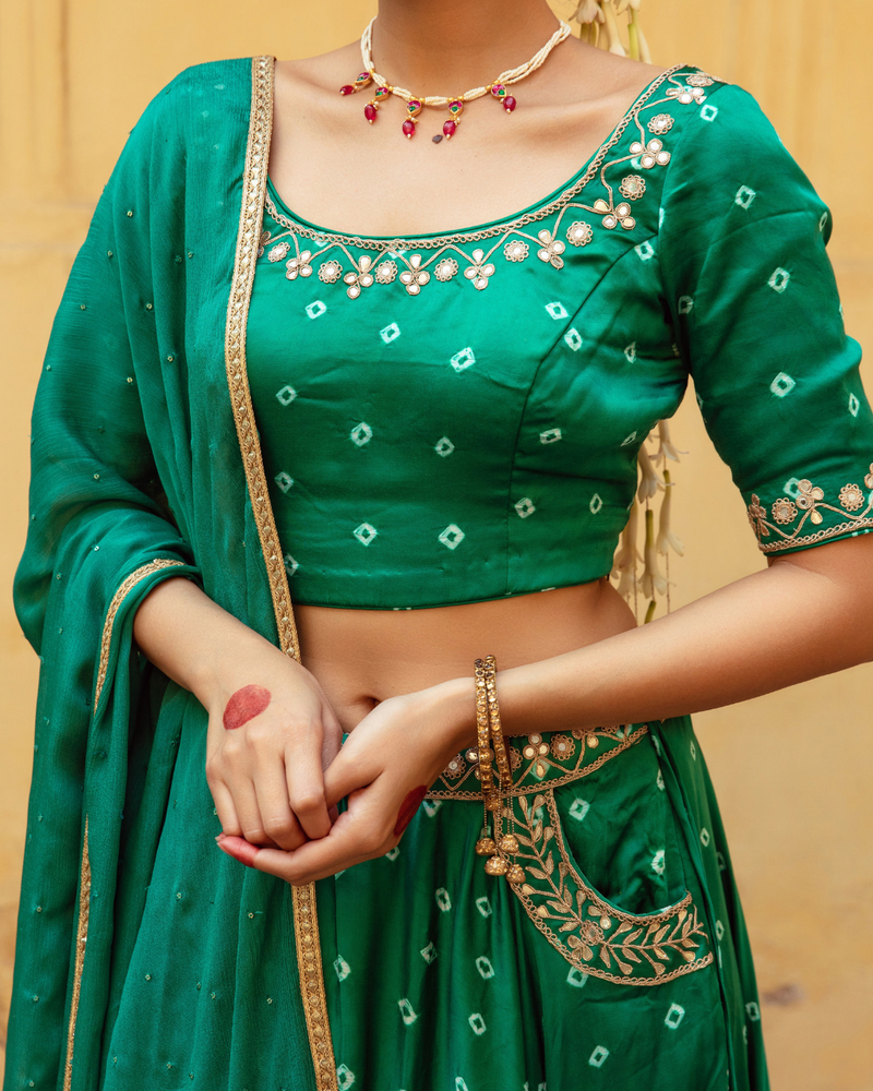 Green & White Bandhej Print Lehenga Set satin Buy Green & White Bandhej Print Lehenga Set from C&W | Lehenga Sets for Women by Maison Shefali in multi color for women in Singapore
