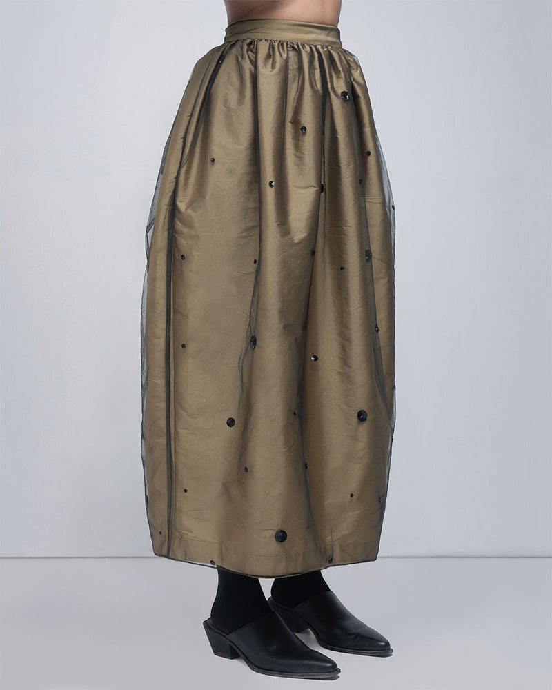 Lacy Skirt viscose skirt by Leh Studios in golden, black for women in Singapore