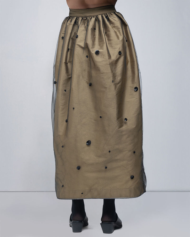Lacy Skirt viscose skirt by Leh Studios in golden, black for women in Singapore