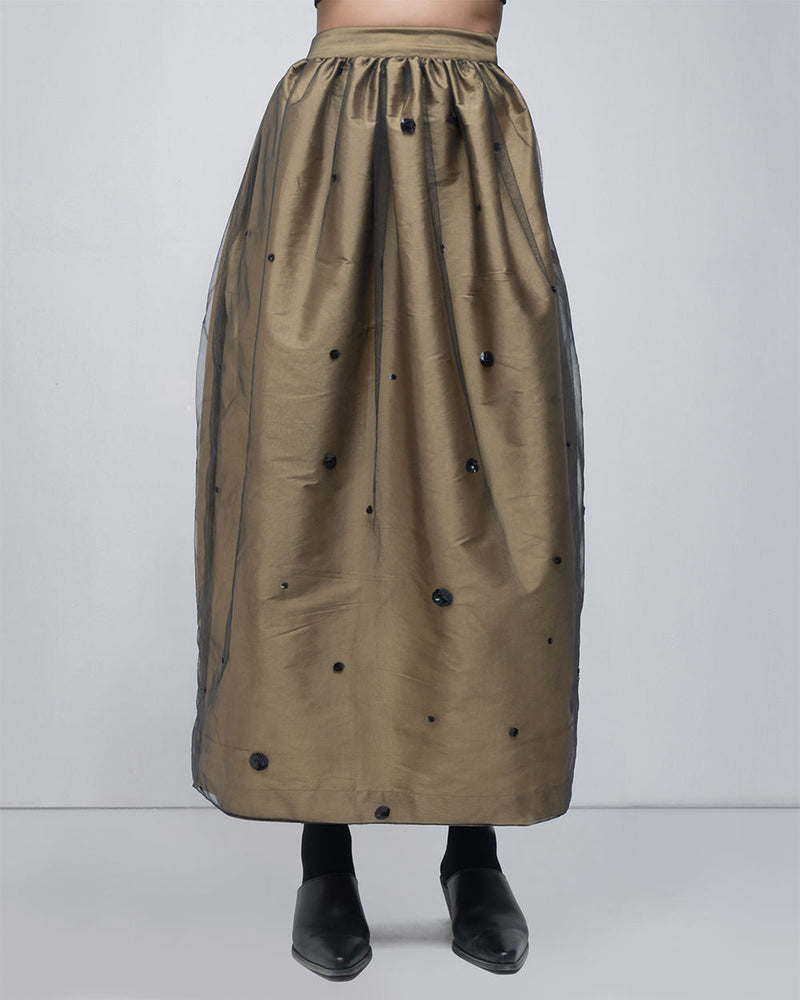 Lacy Skirt viscose skirt by Leh Studios in golden, black for women in Singapore