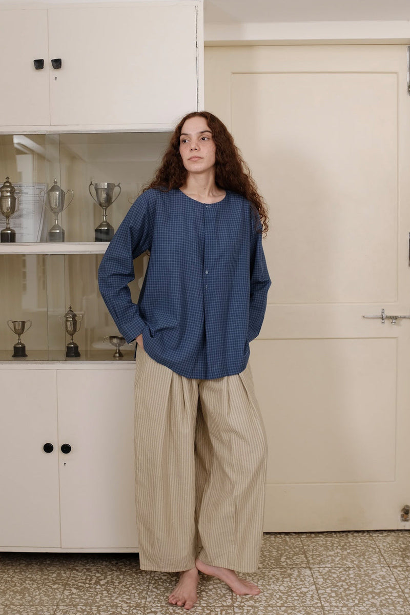 Aston Top handwoven cotton top/shirt by MASON AND MILL in navy blue for women in Singapore