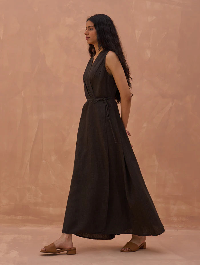 Maya Linen Wrap Dress - Charcoal linen by Manan in charcoal color for women in Singapore