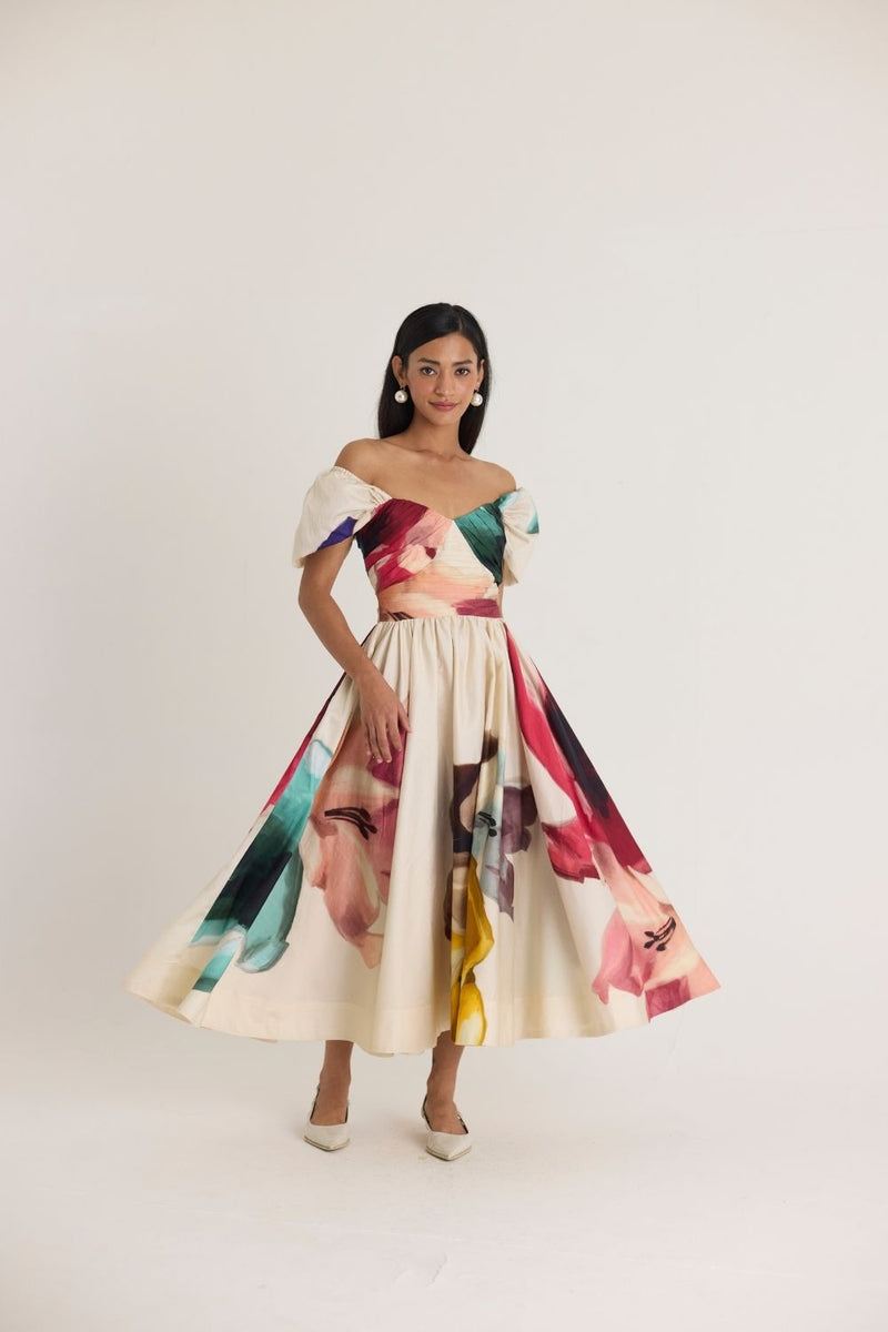 LILA PUFF SLEEVE DRESS satin by Yam in white color for women in Singapore