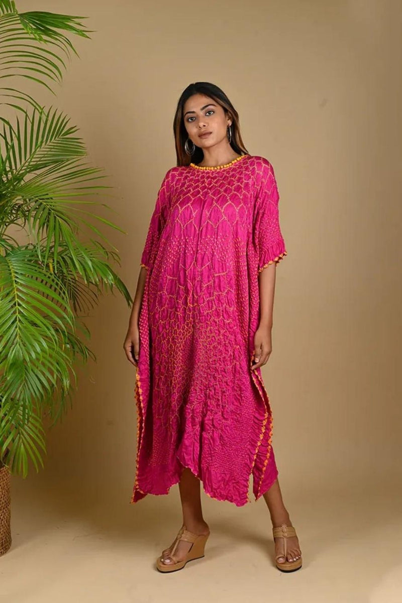 THREE FLOWERS KAFTAN-FUSCHIA PINK silk by Dyelogue for women in Singapore